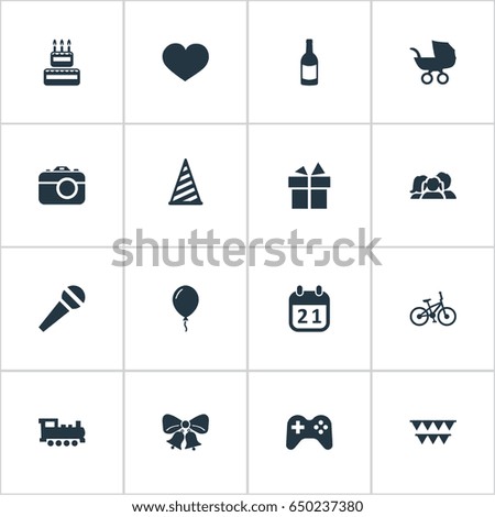 Vector Illustration Set Of Simple Birthday Icons. Elements Bicycle, Cap, Ribbon And Other Synonyms People, History And Sweetmeat.