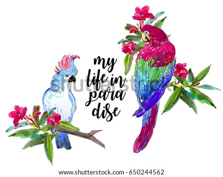 Hand Painted Watercolor Artwork Illustration Clip Art Composition Red Parrot and ?ockatoo Birds in Flowers Leaves in Tropical Jungle Exotic Paradise with Lettering