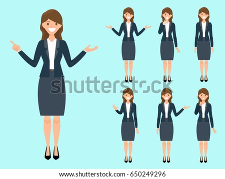 Women in business suit. Beautiful adult cartoon woman standing in business office. Vector illustration.