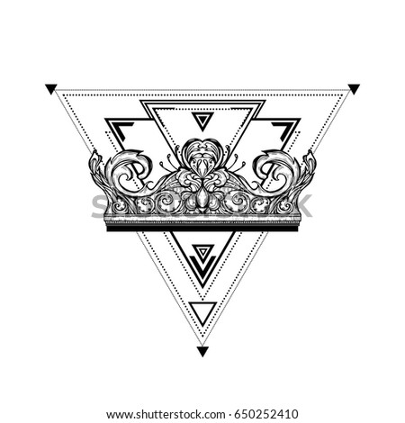 Triangular composition with a royal crown in the center. Decoration, imperial attribute richly ornamented with floral ornament. A unique tattoo. Vector illustration for print on t-shirts, cover. 