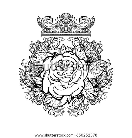 Vector illustration of a stylized rose with the crown, isolated. Tattoo, textile printing, image coloring book. Floral ornament, background. T-shirt printing, the cover. 