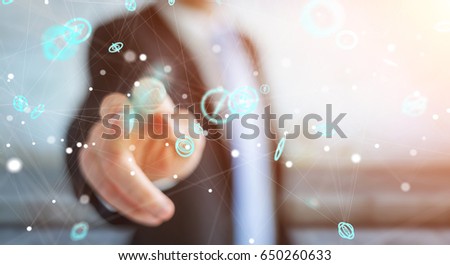 Businessman on blurred background using flying network connection interface 3D rendering