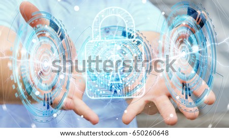 Businessman on blurred background using digital padlock to secure his datas 3D rendering