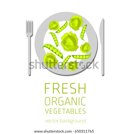 Cabbage, green peas, abstract vegetable postcard, fresh organic vegetables, vector illustration, healthy eating, vector background
