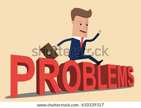 Businessman jumping over a hurdle obstacle problems concept text. Vector illustration