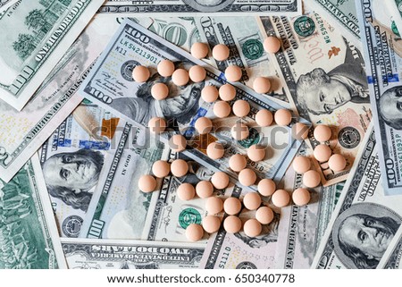 Medicine pills or capsules with dollars. Pharmacy prescription for health. Concept of cost of the healthy life. 