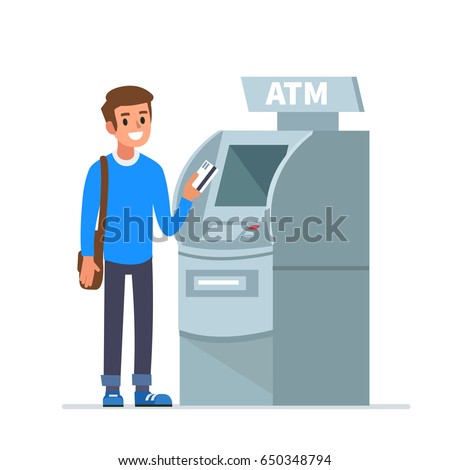 Man customer standing near atm machine and holding credit card. Flat style vector illustration isolated on white  background. Royalty-Free Stock Photo #650348794