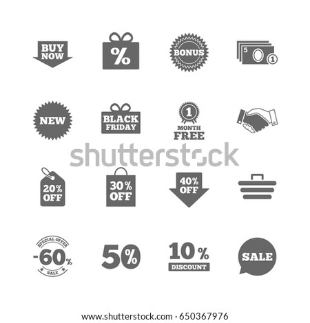Set of Shopping, Sale and Discounts icons. Gift box, Deal and Shopping cart signs. Special offer symbols. Isolated flat icons set on white background. Vector