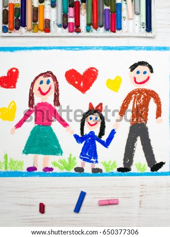 Colorful drawing: happy family. Mother, father and daughter