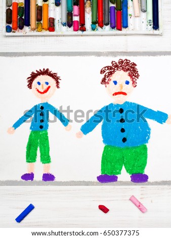 Colorful drawing: Smiling slim boy and obese sad boy. Weight loss. 