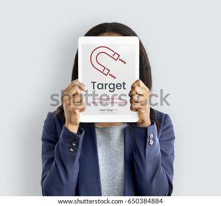 Woman holding digital device covering face network graphic overlay