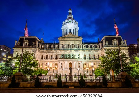 City Hall at night, in downtown Baltimore, Maryland.