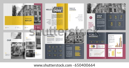 Design annual report,vector template brochures, flyers, presentations, leaflet, magazine a4 size. Yellow, pink and grey geometric elements on a white background. - stock vector Royalty-Free Stock Photo #650400664