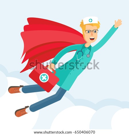 Doctor superman. Flat vector cartoon illustration. Objects isolated on a white background.