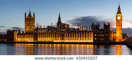 Panorama of Big Ben and House of Parliament at River Thames International Landmark of London England United Kingdom at Dusk