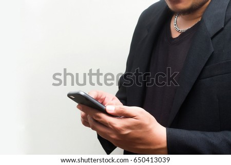Man and smart phone on white background