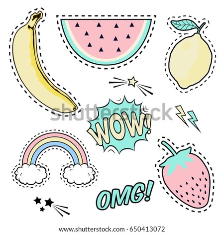 Vector set with cute fashion patch badges: banana, watermelon, lemon, strawberry, speech bubble, rainbow, stars. Trendy summer collection of stickers, pins, patches in cartoon comic style.