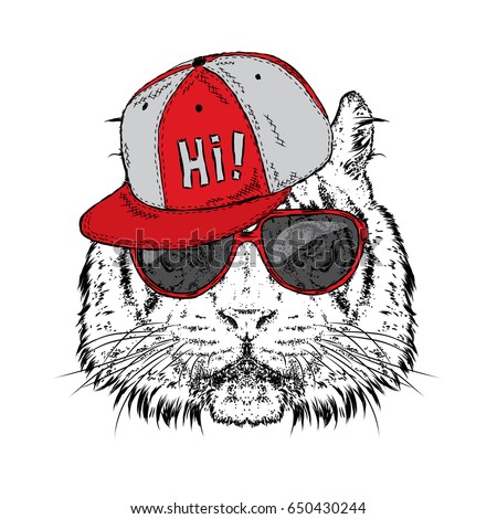 A beautiful tiger in a cap and glasses. Vector illustration. Wild animal, predator.