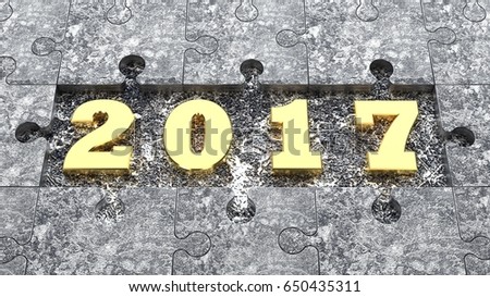 image 2017 gold frame silver puzzle on a platinum sheet. Background, the idea of futurity, stability and prosperity, wealth and success. 3D rendering.