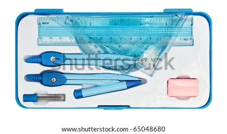 Geometry set with compass, ruler and protractor in pen case