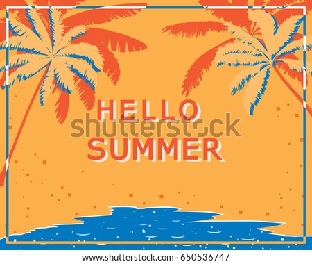 Retro poster with palm trees, sea and beach. Vintage postcard, concept of summer holidays on the island. Vector illustration.