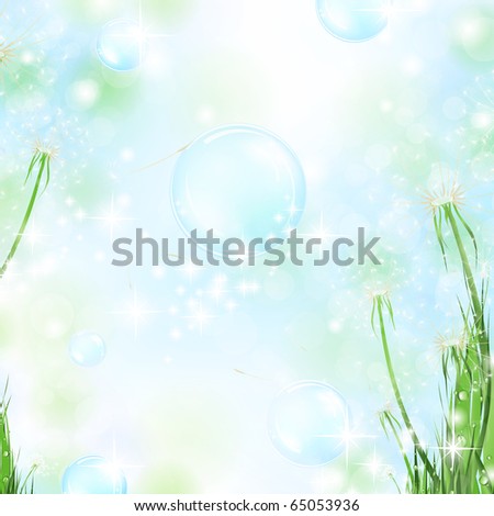 nature floral air background with dandelions and bubbles
