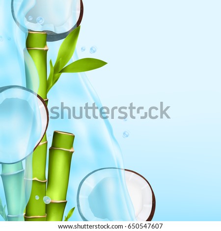 Bamboo and coconut slice in a water splash. 3d illustration. EPS10 vector