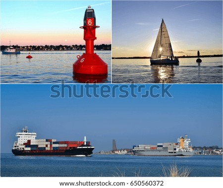 Maritime picture collage with ship and boat