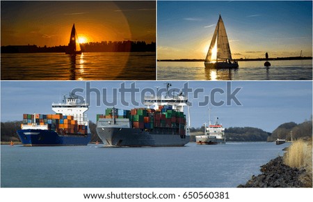 Maritime picture collage with ship and boat