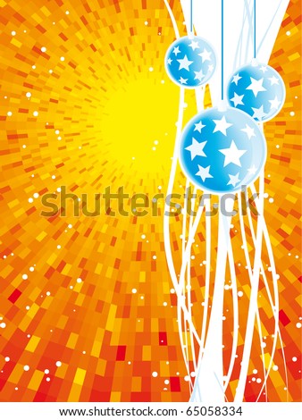 Abstract vector Winter illustration with waves, christmas balls and shine orange background