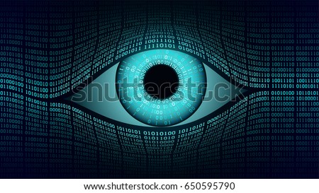 Big brother electronic eye concept, technologies for the global surveillance, security of computer systems and networks, binary background Royalty-Free Stock Photo #650595790