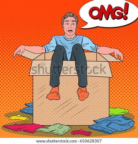 Pop Art Stressed Man in the Box with Clothes. Guy Moving to new House. Vector illustration
