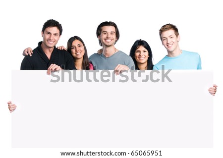 Happy group of five friend holding a blank placard sign to write it on whatever you want, isolated on white background
