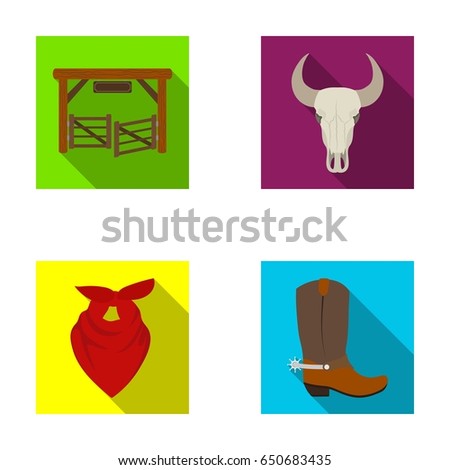 Gates, a bull's skull, a scarf around his neck, boots with spurs. Rodeo set collection icons in flat style vector symbol stock illustration web.