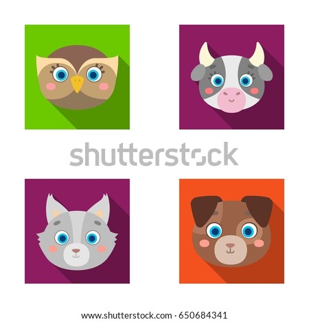 Owl, cow, wolf, dog. Animal's muzzle set collection icons in flat style vector symbol stock illustration web.