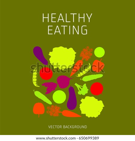 Concept of a healthy diet, vector background, assorted natural fruits and vegetables, healthy lifestyle, banner, silhouette