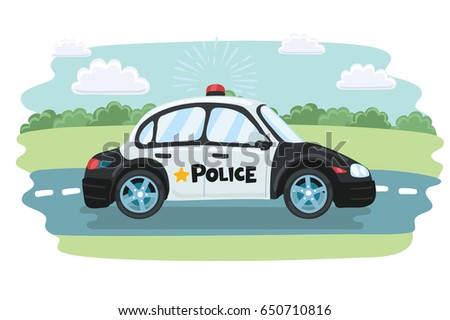 Vector cartoon funny illustration of police car on road. Summer nature landscape