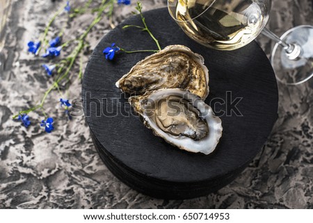 Oysters on ice, glass of wine and a flower close-up on a table. Seafood - Healthy fresh food.