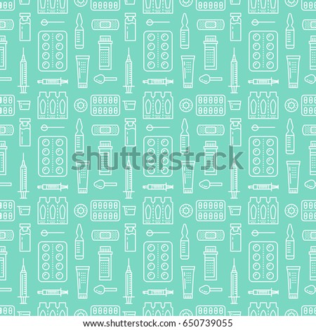Medical, drugstore seamless pattern, medicament vector blue background. Dosage forms thin line icons - tablet, capsules, pills. Healthcare cute repeated illustration for hospital.