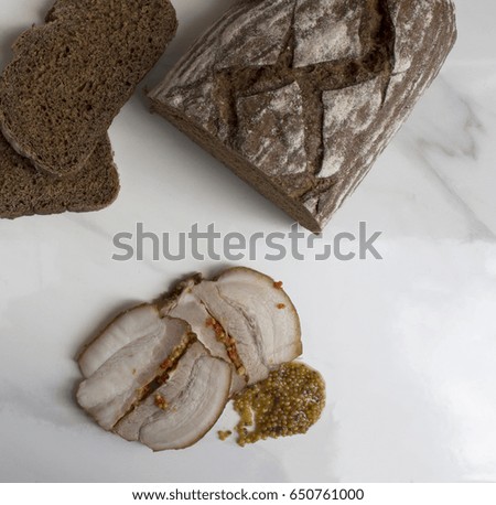 Amazing food picture lard and bread on the white marble!