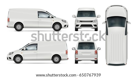 Car vector template for car branding and advertising. Isolated mini van set on white background. All layers and groups well organized for easy editing and recolor. View from side, front, back, top. Royalty-Free Stock Photo #650767939