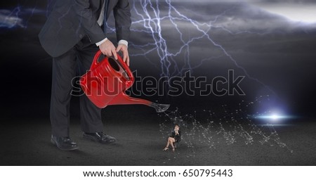 Digital composite of Digital composite image of businessman watering employee during thunder storm
