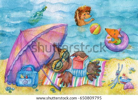 On the beach. Hand-painted watercolor
animal friends: little fox, hedgehog and owl
relaxing, swimming and playing on the 
seacoast.