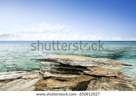 Stone background with landscape of sea. Photo with free space for your decoration of text or product. 