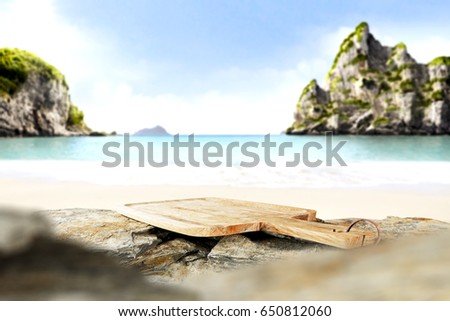 Stone background with landscape of sea. Photo with free space for your decoration of text or product. 