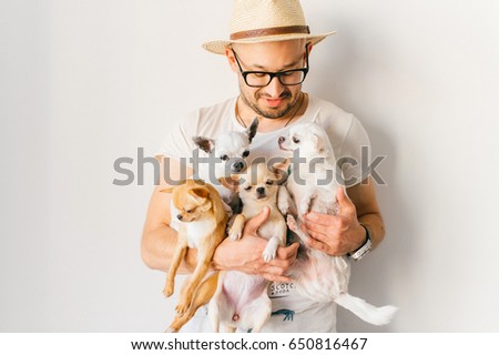 Young happy european smiling and laughing bearded hipster man in straw hat and glasses holding in hands four chihuahua puppies dogs with funny faces and emotions and looking in different directions. 