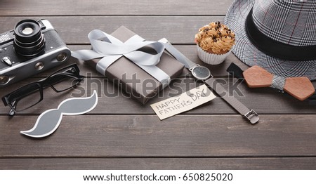 Happy Fathers Day background, flat lay with male presents, watch and other man things on rustic wood
