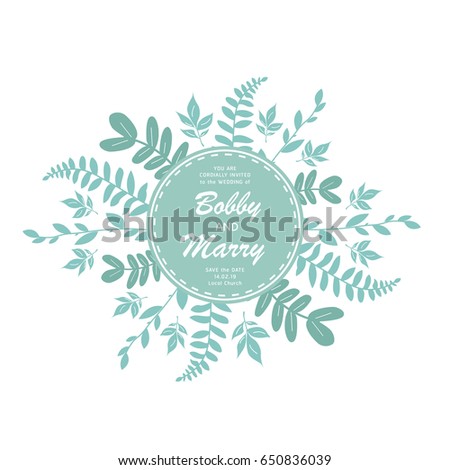 Elegant blue leaves wedding invitation card template.Vector illustration design