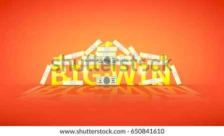 Big win retro banner with money. Vector illustration with golden coins and paper greenbacks. Label for winners of poker, cards, roulette and lottery.