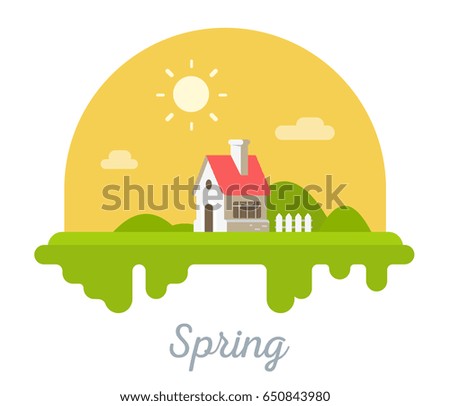 Vector seasonal illustration of sweet house with chimney on green grass. Spring season concept with sun on white background. Family suburban home. Flat style design for web, site, banner, poster